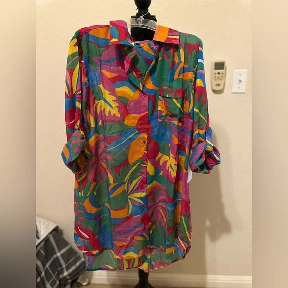 Violet Sky Vintage 80s 90s‎ super bright tropical floral blouse. Size L. NWT - Picture 5 of 12